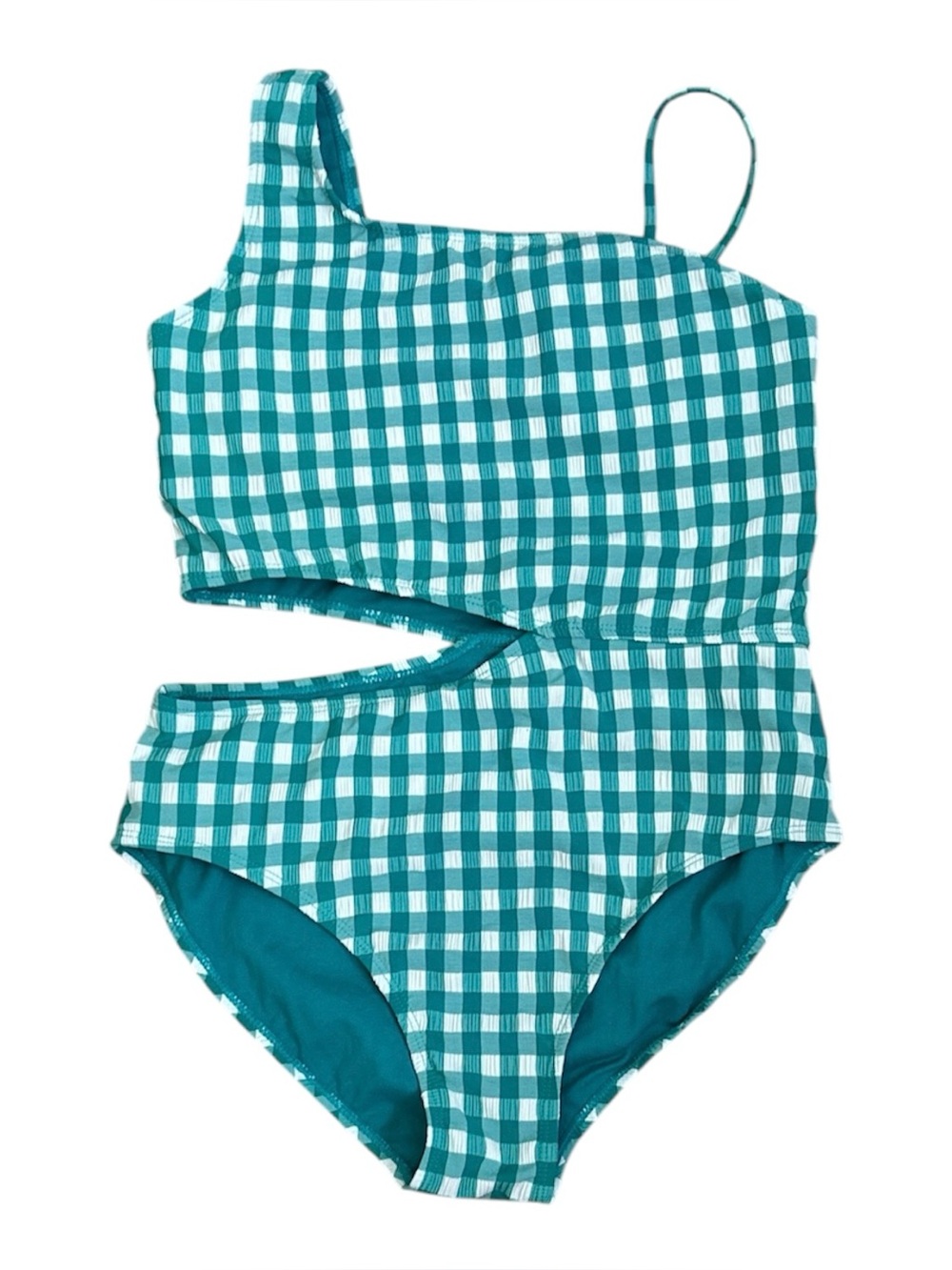 wonder nation Teal and White Gingham One-Shoulder Cutout One-Piece Swimsuit